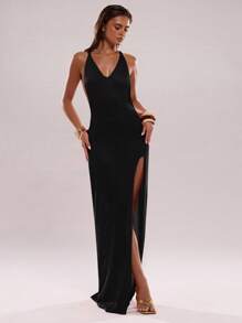 SHEIN BAE 女式纯色V领无袖开衩夏季露背镂空连衣裙 - 黑色 - 查看 4