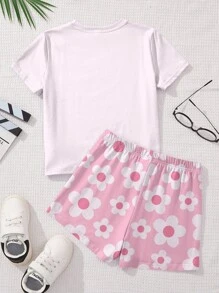 SHEIN Leap Crew 2 件可爱粉色水豚印花少女休闲简约短袖短裤套装，适合夏季、清凉夏日、度假氛围、可爱的 Y2K 椰子女孩波西米亚假期春假早午餐准备淡蓝色女孩之旅霓虹海滩氛围波西米亚嬉皮音乐节 - 彩色 - 查看 3