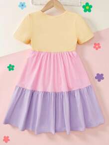 SHEIN Kleine Mädchen Schönes mehrlagiges Tutu-Kleid mit Farbblock-Print und Katzenillustration