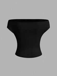 SHEIN EZwear 2 件套黑色和粉色纯色露肩荷叶边衬衫，夏季新款百搭百搭女式上衣 - 彩色 - 查看 6