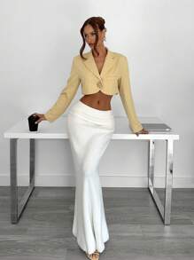 Siren Gaze 老钱风格黄色秋季女装返校冬季女装教师商务休闲女装黄色西装截短长袖向日葵金属纽扣宽松西装外套女式翻领长袖金属太阳装饰短款时尚西装外套 - 黃色 - 查看 5