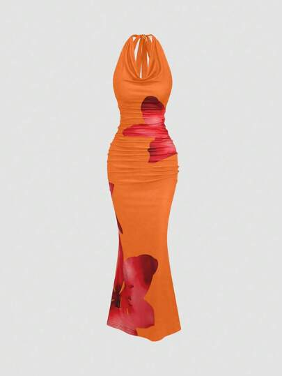 Sweetra Women's Summer Knit Draped Neck Printed Dress