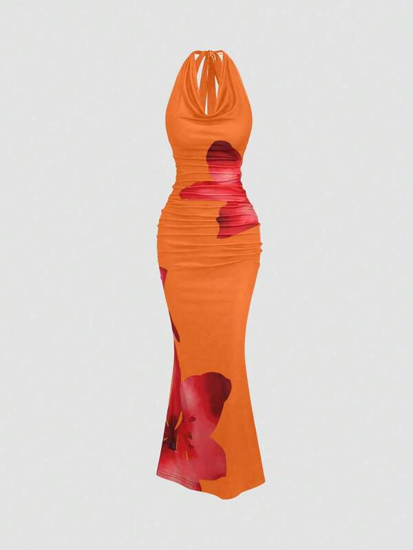 Sweetra Women's Summer Knit Draped Neck Printed Dress