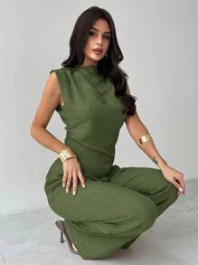 Firerie 卡其色简约优雅休闲通勤办公室服装：无袖不对称褶皱腰女式衬衫 + 常规褶皱阔腿女式裤子、亚麻通勤套装、女士沙滩装、机场装、度假装、教师装 - 軍綠色 - 查看 8