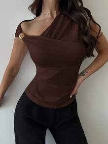 Firerie Áo thun bó eo nhún bèo vai lệch vai đơn giản dành cho nữ, thiết kế tối giản thanh lịch cho việc đi làm hàng ngày, mùa xuân hè, trang phục sân bay, trang phục đi nghỉ, giáo viên - Cà phê nâu - Xem 4