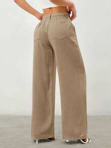 SHEIN PETITE 女士纯色抽绳腰口袋阔腿宽松休闲裤 - 卡其色 - 查看 2