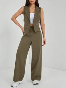 SHEIN PETITE Setelan Musim Gugur Dua Potong 2pcs/Set Wanita Atasan Tanpa Lengan dan Celana Warna Polos, Pakaian Musim Gugur untuk Wanita Bertubuh Mungil - Hijau Tentara - View 5