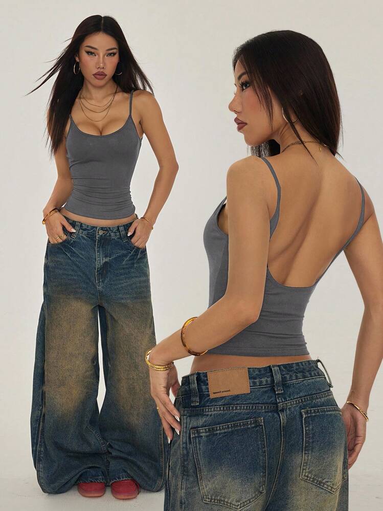 SHEIN PETITE Dark Grey Spaghetti Strap Knit Cami Top With Backless Casual Style,Sexy Top Y2k Clothes Women Tops Backless Tops Low Back Top Low Rise Jeans Y2k Jeans Top Y2k Top - Dark Grey - View 1
