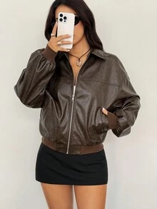 SHEIN PETITE Women's Solid Color Drop Shoulder Long Sleeve Zipper Front PU Leather Casual Jacket Brown Leather Jacket In Fall/Winter,Brown Jacket - Brown - View 5