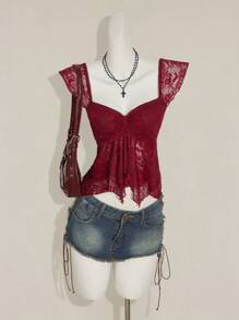 SHEIN ICON Women's Ruched Front Fitted Sexy Lace Patchwork Cap Sleeve Backless Casual Vacation Cropped Camisole Burgundy Lace Top - Burgundy - View 6