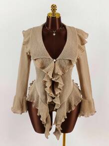 SHEIN CURVE+ Áo khoác cardigan tay loe bèo nhún cỡ lớn thời trang thu đông cho nữ phong cách mới, thời trang, gợi cảm, ngọt ngào, cỡ lớn - Màu Khaki - Xem 3