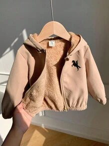 SHEIN 男女通用婴儿休闲连帽羊毛外套，卡其色，适合男婴和女婴，秋冬季