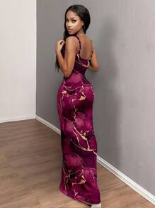 SHEIN SXY 女士休闲水墨画图案紧身连衣裙，适合夏季 - 紫色 - 查看 4