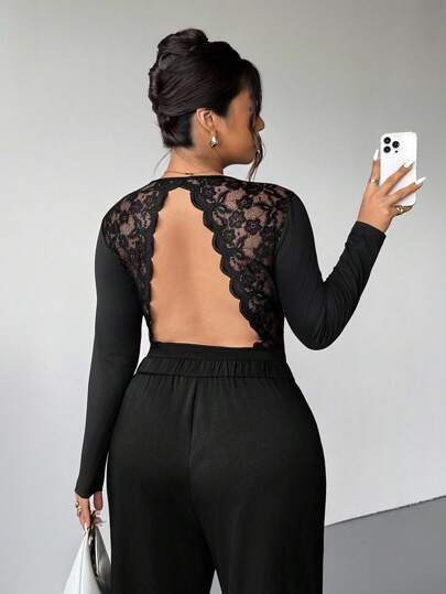 Firerie Große Größen Spitze Patchwork rückenfreier Bodysuit mit Zackensaum und elastischen Ärmeln, bequem, lässig, elegant, vielseitig für den Alltag, Frühling & Frühherbst