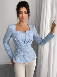 Rafferiza 优雅通勤提花拼布腰衬衫 - 藍色 - 查看 4