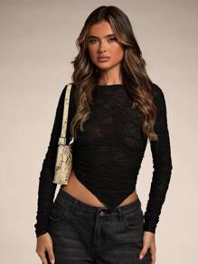 SHEIN BAE 女士灰绿色纯色约会之夜/单身派对/鸡尾酒会/返校季/音乐会服装/狂欢派对服装/时尚高街郊游/性感蕾丝圆领不对称下摆透视女式上衣/长袖蕾丝上衣/蕾丝长袖/性感女装 - 黑色 - 查看 4