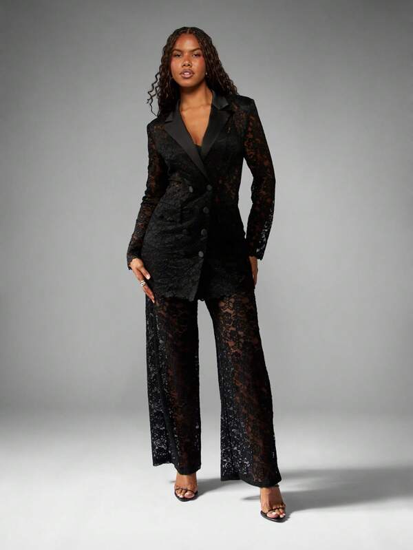 MISSGUIDED Luksusowy koronkowy garnitur ze spodniami z szerokimi nogawkami, dwurzędowa marynarka, wieczór, formalne przyjęcie, okazja, muszelkowy ślub, gość, jesień, zima