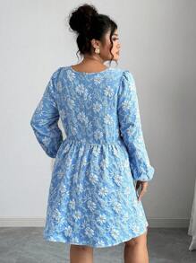 Elenzga Váy dài tay vải jacquard kiểu Pháp thường ngày cỡ lớn dành cho nữ, mặc dự tiệc - Màu xanh lam - Xem 2