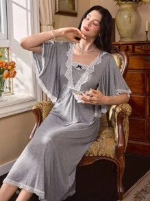 SHEIN 女式蕾丝边拼布喇叭袖针织休闲睡袍