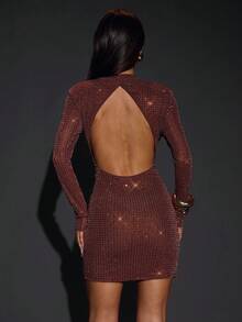 SHEIN BAE Vestido curto sexy com costas nuas e detalhes em cristais marrons, ideal para festas, boates, coquetéis, banquetes, saídas à noite e bailes