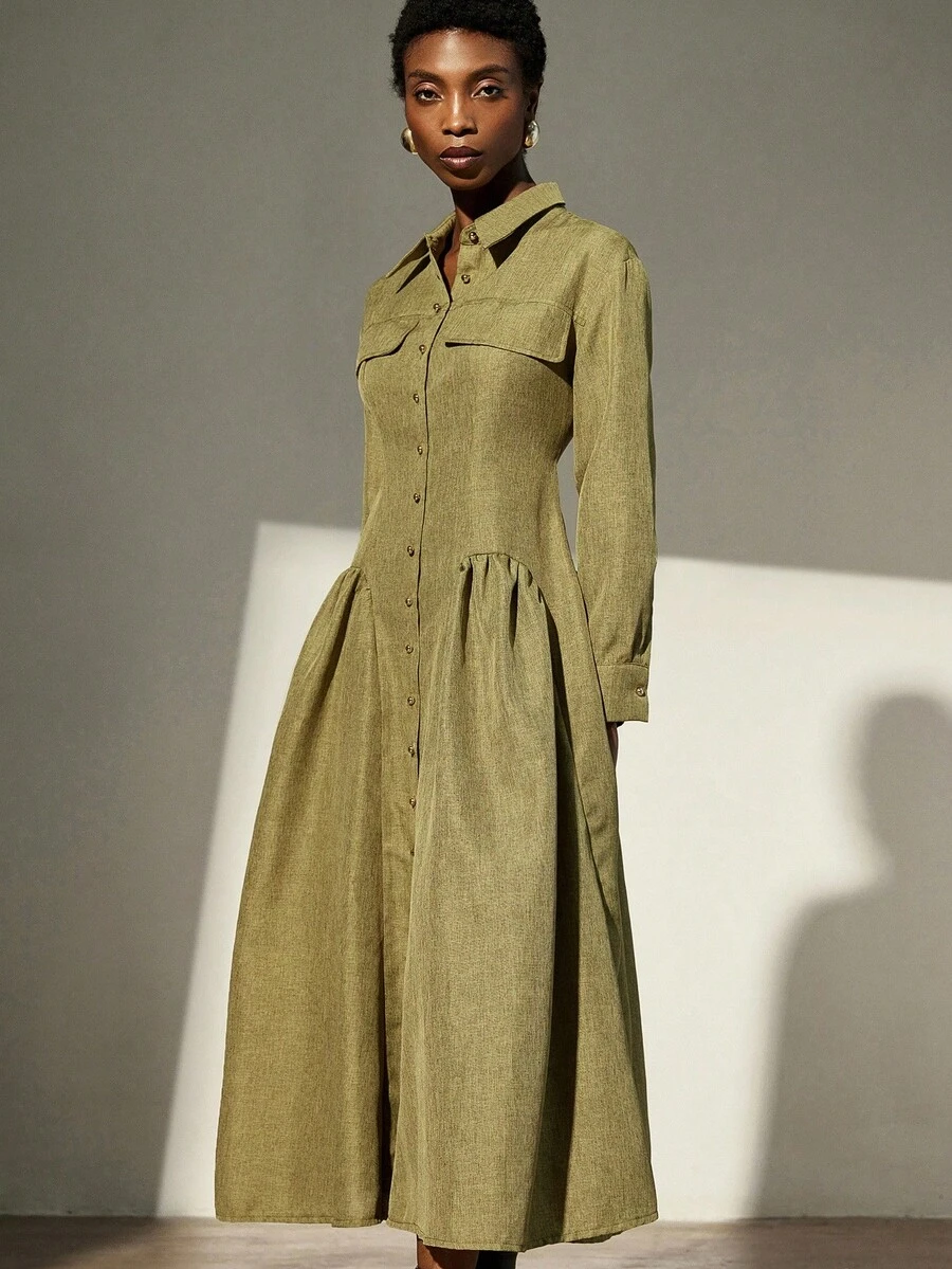 Aveloria Modichic فستان طويل بتصميم أخضر ليموني جمالي، مزين بجيوب وتصميم شق جانبي مزدوج، مناسب للتجول في المعارض الفنية وزيارة المقاهي - أخضر - مشاهدة 1