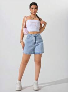 SHEIN ICON Plus Size Casual Washed Denim Shorts - Teal Blue - View 6