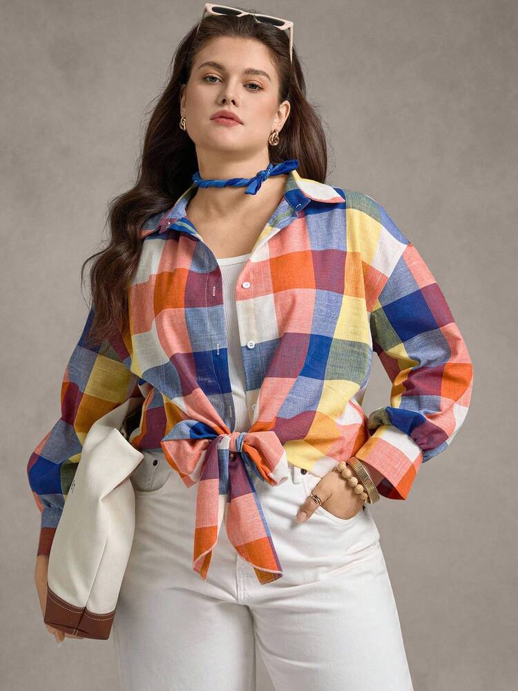 Zelara Plus Size Women Old Money Fall Autumn Back To School Going Out Top, Button Up Plaid Shirt Fall Winter - Multicolor - View 4