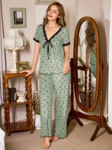 CottageSlumber 2pcs Polka Dot Print Contrast Color Lace Bow V-Neck Short Sleeve Pajama Set For Women Women Pajama Set Polka Dot Pajama Set Sage Green Pajama Set Lingerie Pajama Set