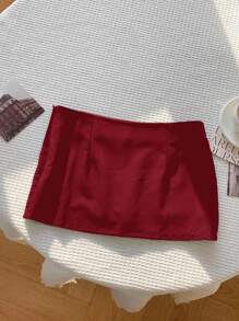 Comfortcana Váy ngắn thường ngày lưng thấp màu trơn cho nữ - Đỏ - Xem 2