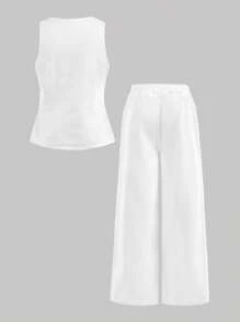 SHEIN Tween Girl Spring Summer Casual Street Fashion Plain V-Neck Sleeveless Vest Top And Baggy Straight-Leg Pants Denim Two Pieces Set,Summer Beach Boho Vacation Shorts, Summer Concert Festival Casual Rave Outfits, Girls Summer Brunch Graduation Outfits,Tween Girls Sleeveless Denim Camisole And Long Pants Set With Scoop Neck, Tween White Jumpsuit, Teen Pant Suit - White - View 2