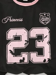 SHEIN Conjunto de camiseta casual de verano para niñas, estilo vintage americano con estampado de números y letras inglesas con lazo en color rosa, camiseta de punto de cuello redondo y manga corta combinada con pantalón de tela tejida de color rosa sólido con diseño de cinta rosa y lazo 3D rosa, conjunto de 2 piezas, adecuado para volver al colegio, uso diario casual, moda, exterior, viajes, fotografía, estilo callejero Y2K, ropa de vuelta al colegio, ropa de graduación - Multicolor - Ver 7