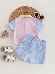 Baby Boy Color Block Short Sleeve Polo Shirt With Fine Stripes Decoration And Patch Pocket, Front Button Placket, Shorts Two Pieces Set - Multicolor - View 2