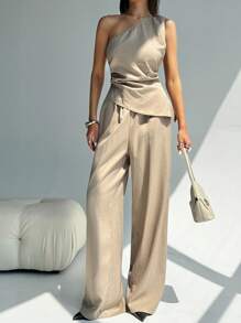 Aloruh 无袖斜领侧褶通勤时尚女衬衫+高腰阔腿宽松裤套装 - 卡其色 - 查看 7