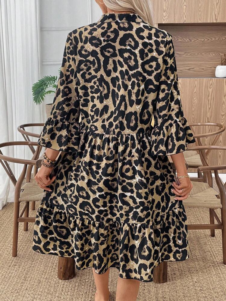 Women's Rainbow Leopard Print Flare Sleeve Button Half Placket Ruffle Hem Mid-Length Dress,Autumn Casual Brunch Animal Cheetah Midi Fall Clothes