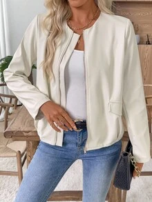 EMERY ROSE Women's Raglan Sleeve Zip-Up Round Neck Casual Versatile Jacket Zip Up Jacket Summer Jacket For Women Lightweight Jacket Cover Up Jacket Blazer In Fall/Winter - White - View 1