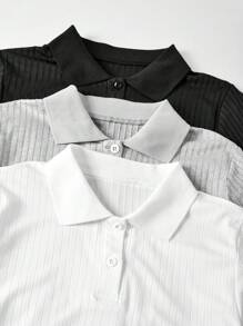 3 件套青少年女孩夏季 Polo 衫套装，百搭休闲上衣，适合返校季穿着 - 彩色 - 查看 3
