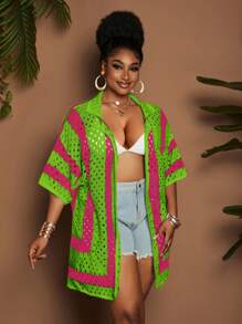 Maweii 大码女式条纹镂空宽松休闲半袖针织开衫，黑白配色 - 彩色 - 查看 3