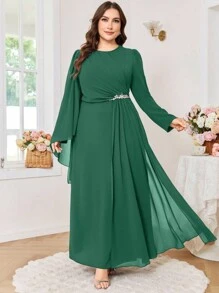 Modelyn 大码女式优雅水钻装饰修身腰部圆领派对连衣裙 - 綠色 - 查看 1