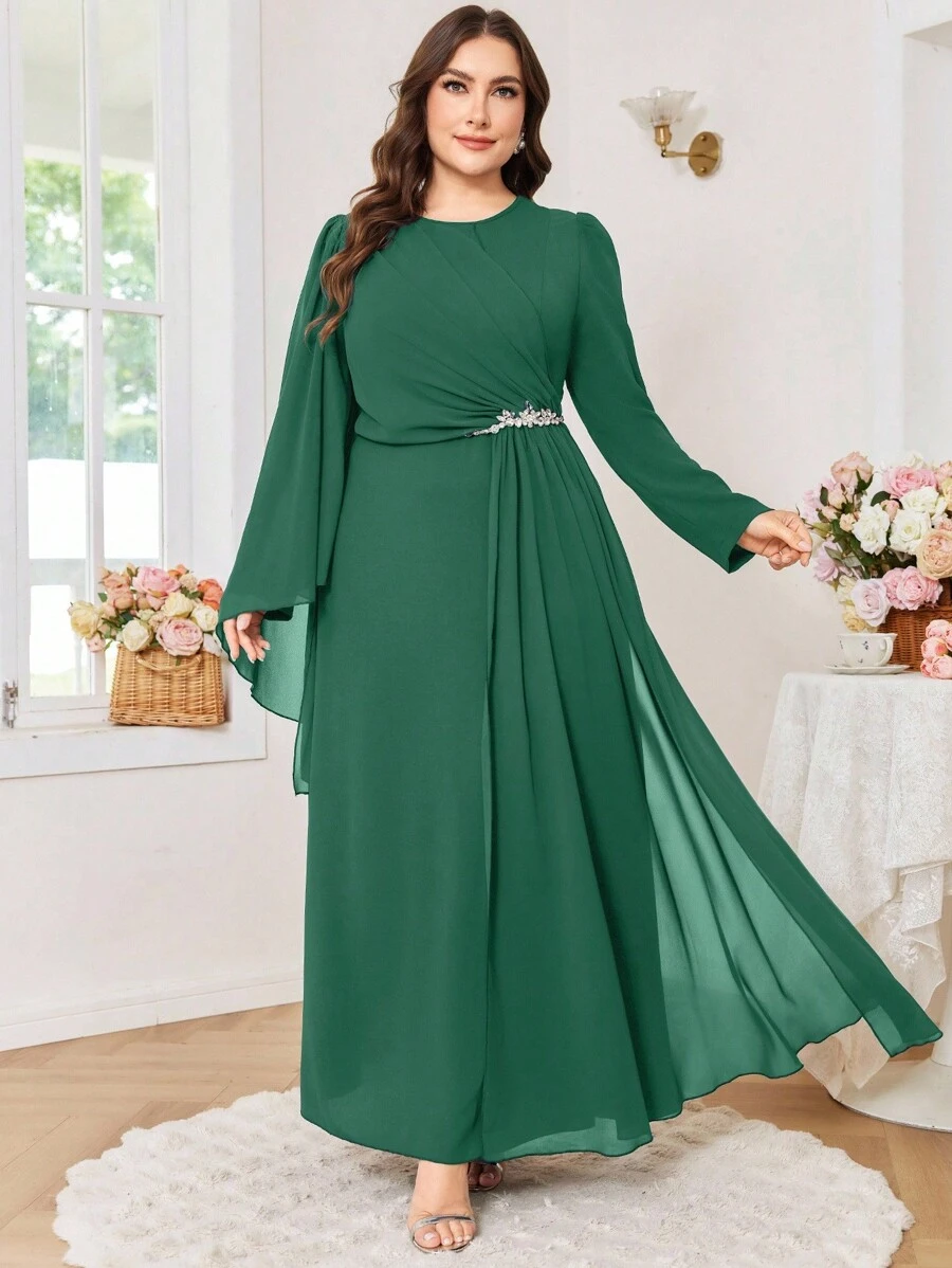 Modelyn 大码女式优雅水钻装饰修身腰部圆领派对连衣裙 - 綠色 - 查看 1