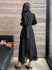 DAZY 女士商务风纯色立领长袖腰部拼接连衣裙 - 黑色 - 查看 6