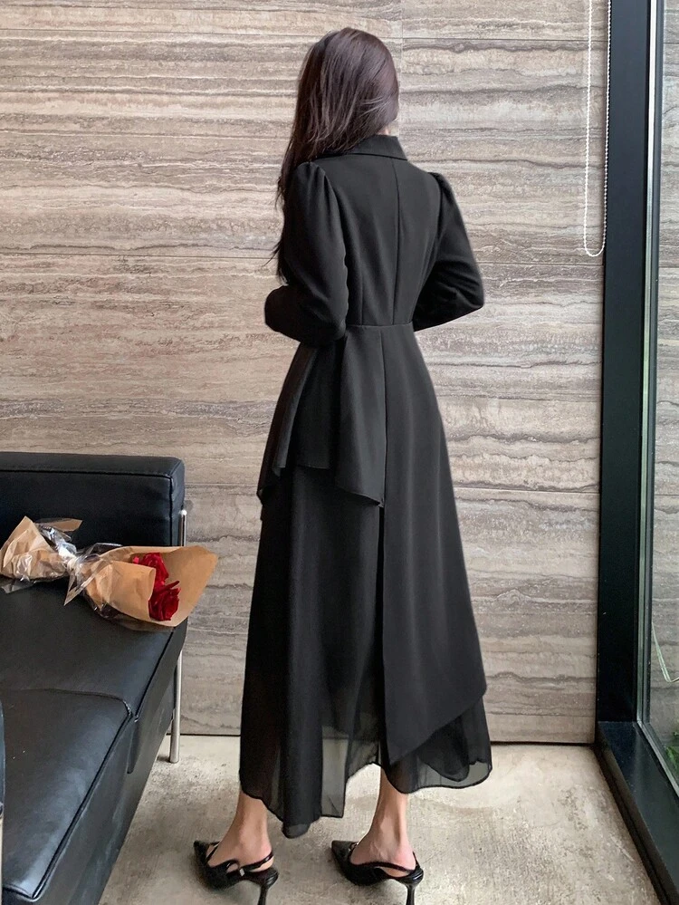 Women's Business Style Solid Color Mandarin Collar Long Sleeve Waist Splice Dress Maxi Dress
