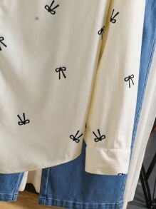 SHEIN 少女外套，杏色底蝴蝶结印花少女外套，灯芯绒内衬，宽松版型，休闲日常风格 - 杏色 - 查看 5