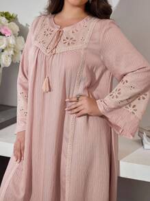 Al Najma V-Neck Tie Sleeve Embroidered Flare Dress, Spring Autumn - Pink - View 8