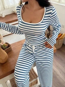 SHEIN 女士休闲条纹印花长袖上衣和裤子睡衣套装，秋季服装 - 藍色 - 查看 2