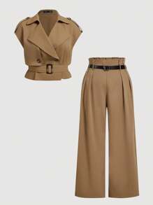 SHEIN MOD 加大码咖啡棕色优雅百搭无袖亚麻腰带短款风衣背心和高腰阔腿裤两件套，优雅，两件套女士，摩卡棕色，秋冬女士教师装 - 咖啡棕 - 查看 6