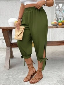 EMERY ROSE Pantalones de talle alto con cordón, talla grande, primavera/verano - Verde militar - Ver 6