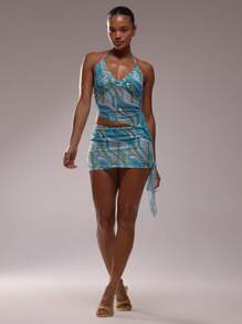 MUSERA Áo cổ yếm có đệm ngực, vạt áo bất đối xứng, chất liệu lưới in họa tiết, ôm sát, thích hợp cho kỳ nghỉ ở Ibiza, phong cách thanh lịch Ibiza, dễ thương, thích hợp cho lễ hội bãi biển, tiệc tùng, phong cách Boho, đồ đi biển, trang phục nghỉ mát, thanh lịch, mùa xuân hè. - Màu xanh lam - Xem 3