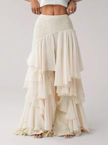 SHEIN ICON Asymmetrical Chiffon Ruffle Patchwork Loose Women Ruffle Hem Pants Beige Pants - Beige - View 1