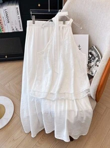 SHEIN Clasi Plus Size Women's Romantic Elegant Sweet Vacation Style Mesh Embroidered Camisole & Tie-Up Waist Flowy Skirt Set - White - View 2