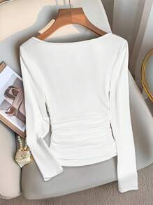 Franclia 时尚法式单肩长袖收腰白色上衣，秋冬女式T恤，秋季返校季长袖T恤，夏季假期阳光之旅度假风，全白设计，适合大学休闲春秋季穿着。 - 白色 - 查看 2